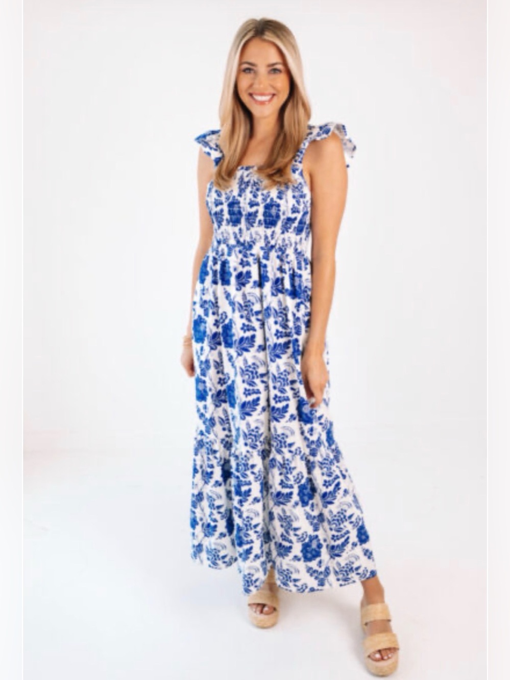 THML Blue Floral Smocked Maxi Dress